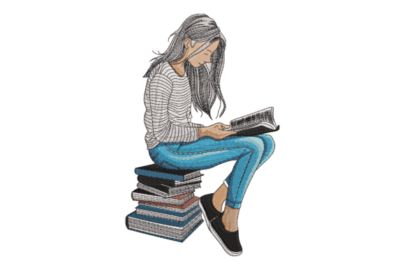 Book Lover Girl: A Charming Embroidery Design