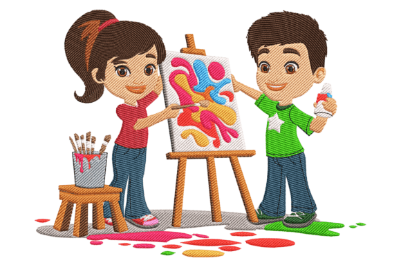 Charming Kids with Art Supplies Embroidery